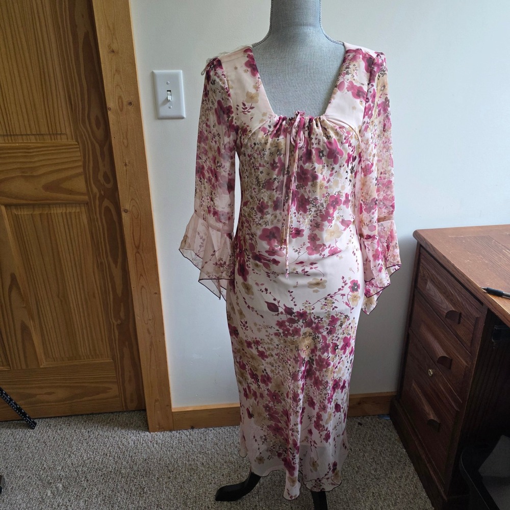 Studio Y Vintage Y2K Fairy Ethereal Floral Bell Sleeve Maxi Dress Pink Tan